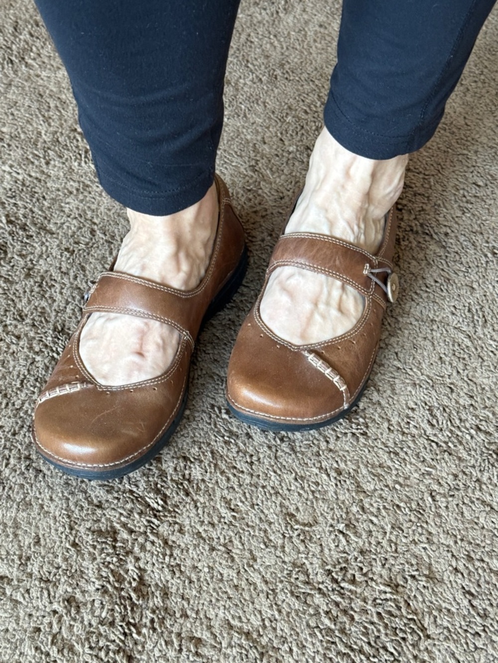 Clarks Brown Leather Mary Jane Flats with Stitch Detail